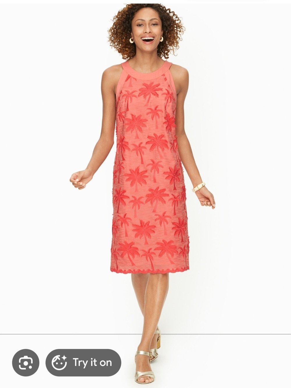 Talbots Coral Palm-Embroidered Halter Dress. 100% Cotton. Size 14